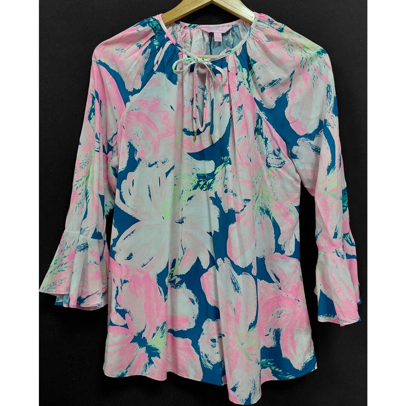 Lilly Pulitzer Floral Print Top Pink Blue 3/4 Sleeve Crew Neck Women Size S
